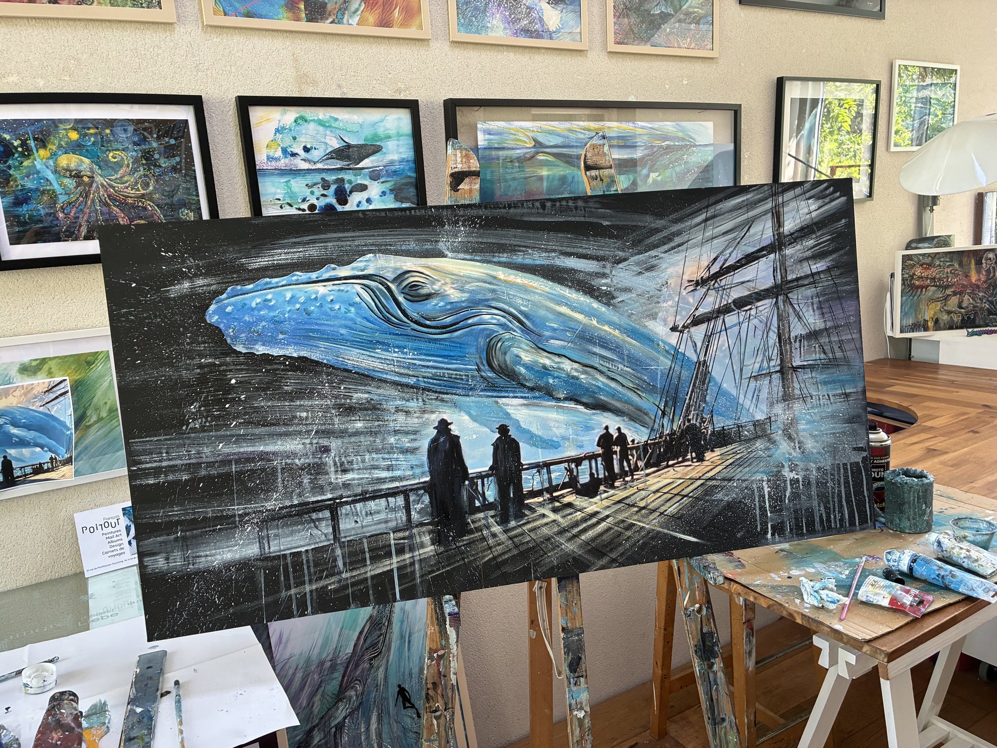 L’atelier de François Poitout : une baleine en cours sur le chevalet