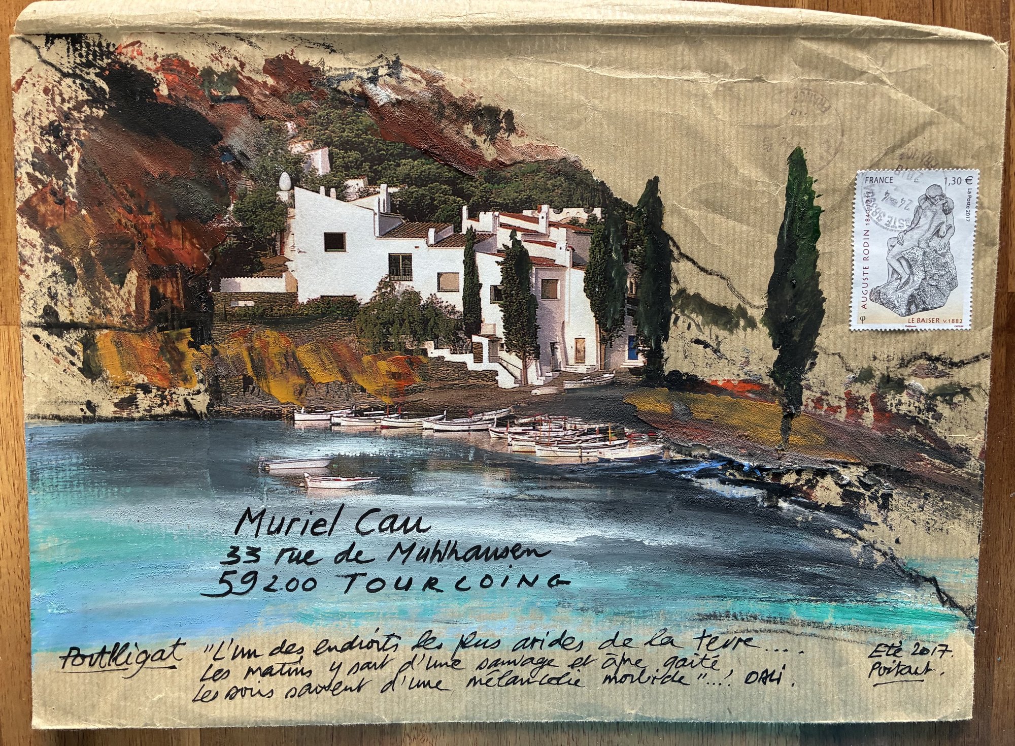 Portlligat, été 2017, mail art de François Poitout : enveloppe peinte de la baie de Salvador Dalí